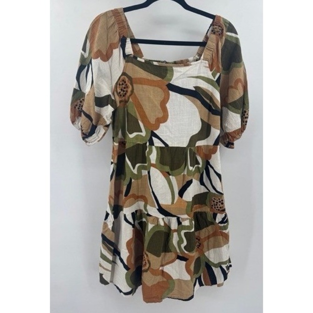 Mlle Gabrielle Tan Green Floral Tiered Smock Mini Dress XL Cotton Boho Cottage